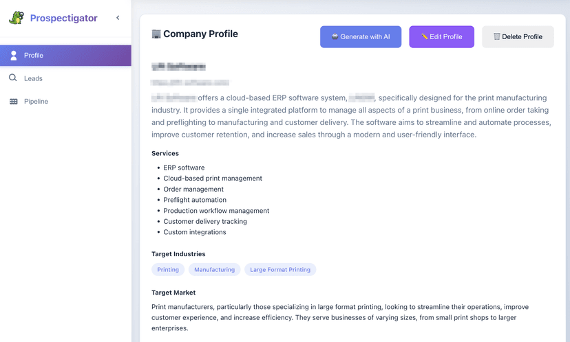 Prospectigator company profile analysis example